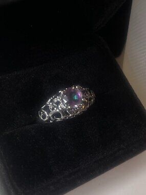 Mystic Topaz Ring 925 Sterling Silver Sz 8 Vintage Filigree Round Cut Statement